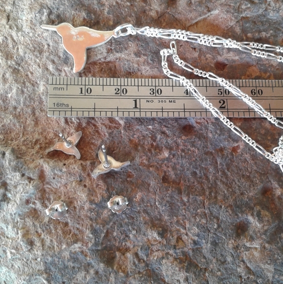 Sterling Silver Vintage Red Coral Hummingbird necklace SET - Picture 3 of 9